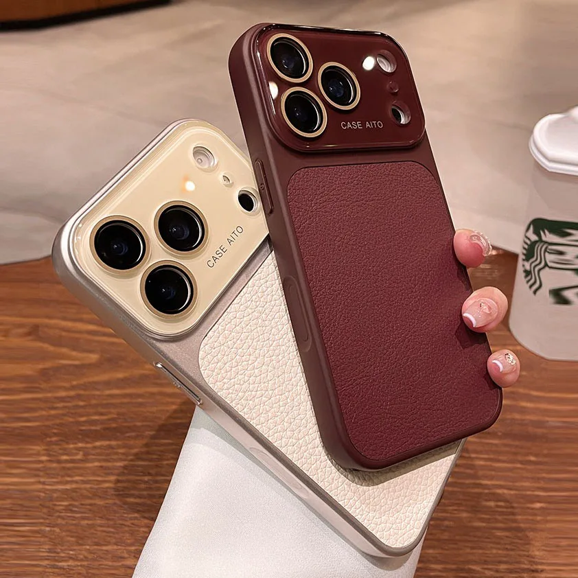 Luxury Litchi Leather Phone Case with Large Window Lens Protector & Shockproof Cover