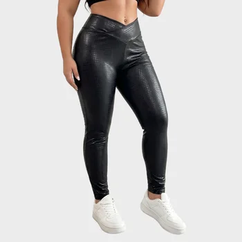 European American Style Women's Pants Fashion High Waisted Crocodile Patterned Faux Leather Leggings 2026 New Women's Clothing