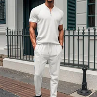 Polo à col gaufré pour hommes, petite fermeture éclair, couleur unie, T-shirt à manches courtes, pantalon, deux ensembles, nouvelle collection 2