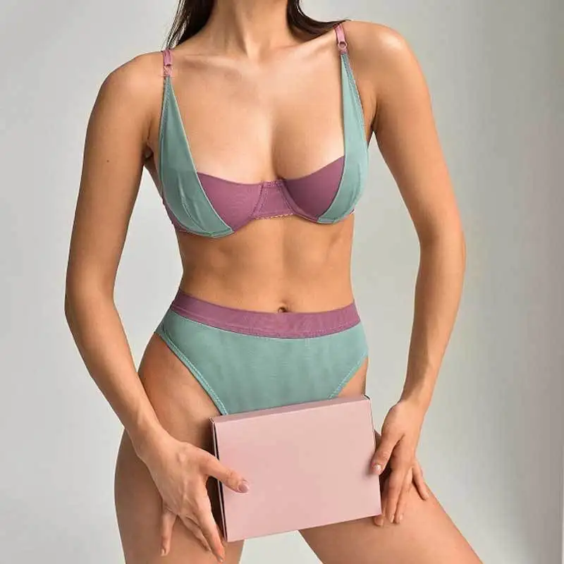 Boutique comfortable breathable gathered lingerie colorful sexy bra panties 2 pieces sexy female underwear set tie-dye bralette