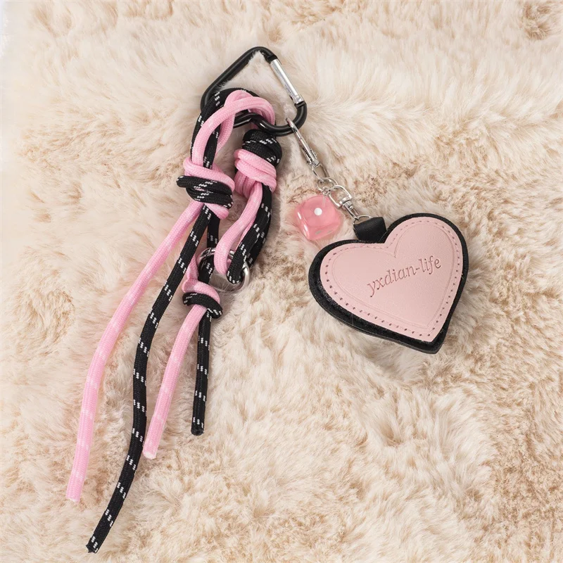Cartoon Pink Heart-shaped Leather Pendant Keychain Personality Creative Pink Dice Women's Bag Key Chain Trinket for Female Gift