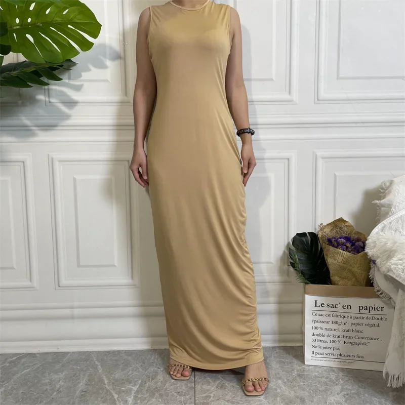 2023 Hot Selle Simple Style Solid Color Casual Slim Abaya Femme Sleeveless Bottomed Women's Long Skirt Muslim Saudi Robe Ramadan
