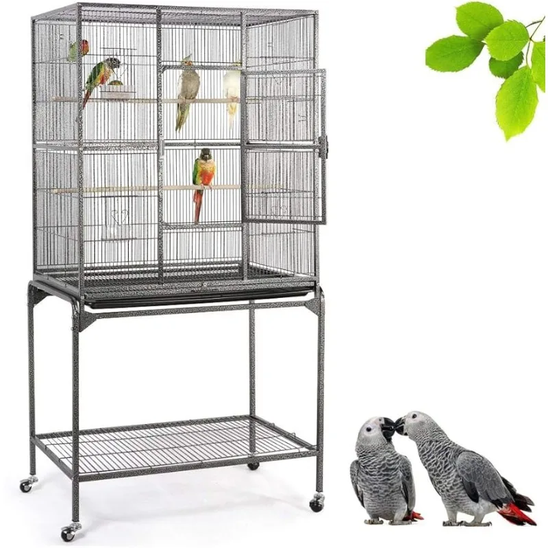 

63-Inch Wrought Iron Rolling Large Bird Cage for African Grey Small Quaker Parrots Canary Bird Flight Cage