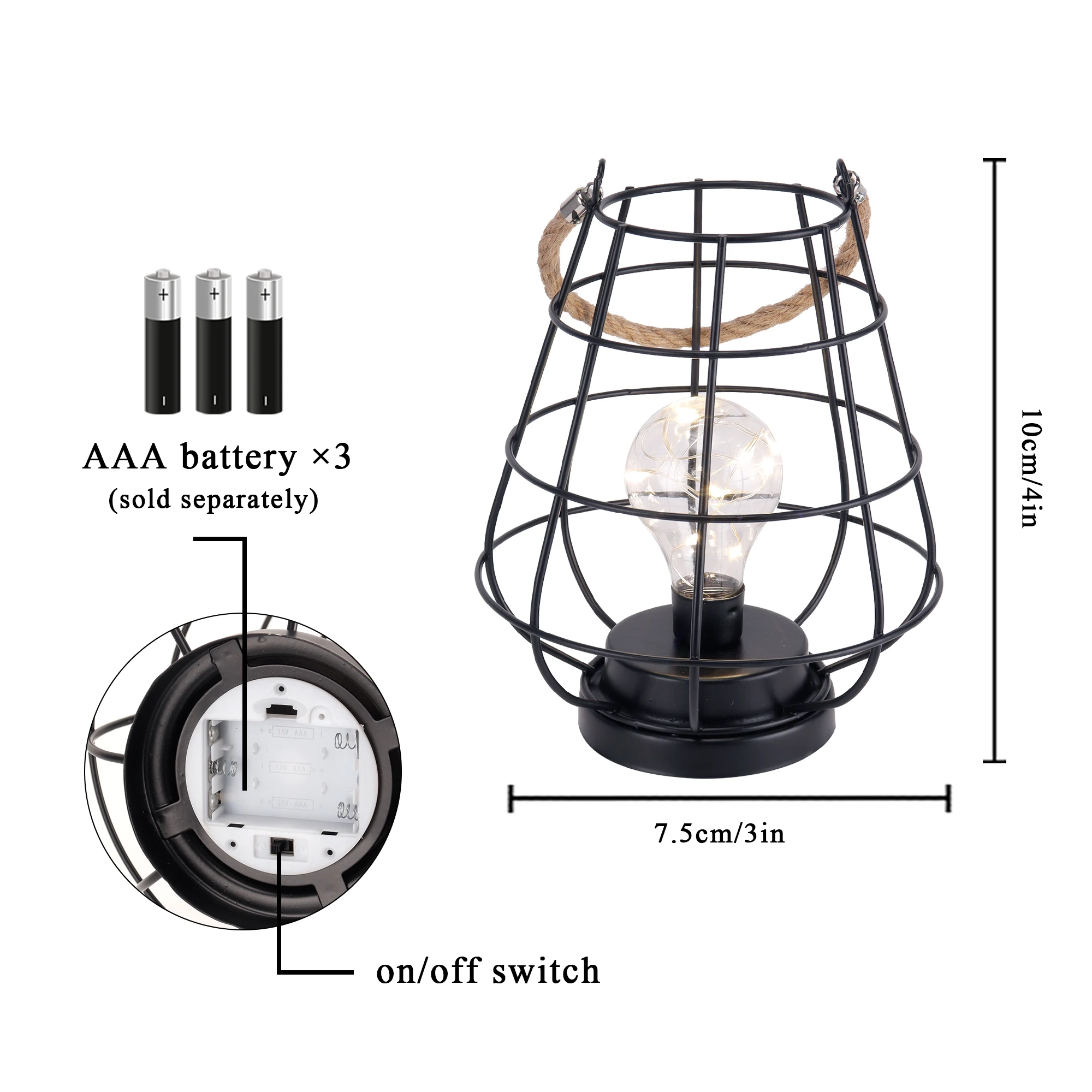 7.5 White Battery Operated Metal Cage Lantern with LED Fairy Lights,  Decorative Table Lamp with Timer Function for Indoor Use