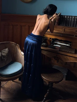 Elegant Suspender Sleeveless Backless Party Dress Blue V-neck Ruffles Spliced Long Dresses Sexy Lady New Year Evening Robes 1