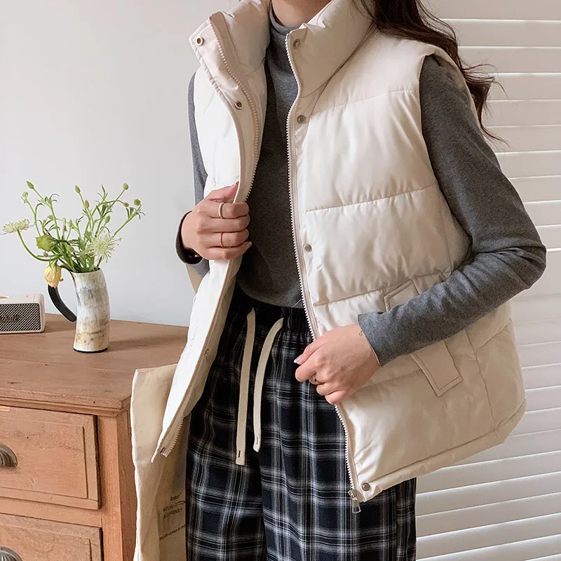 

Fashion Contton Vest Women's 2023 Autumn Winter Stand Collar Solid Casual Puffer Sleeveless Jacket Loose Thick Warm Waistcoat