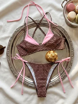 XS - L Sexy Polka Dot Splicing Halter Bikini Women Swimwear Female Swimsuit Bather Bathing Suit Swim Two-pieces Bikini set K8208 1