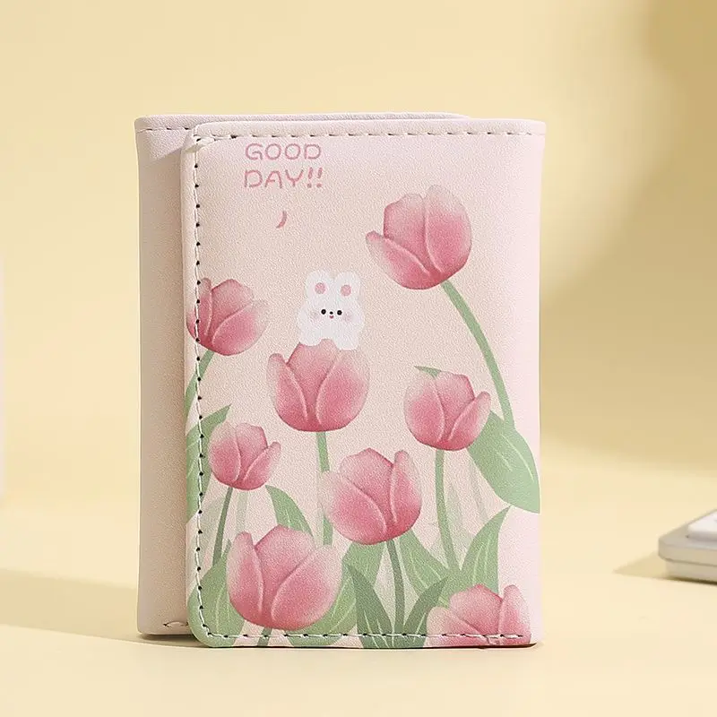 Fashion Cute Bunny Tulip Wallets Rabbit Flower Print Purses Women Pu Leather Short Coin Purse Sweet Card Clip Bag Short Card Bag 5