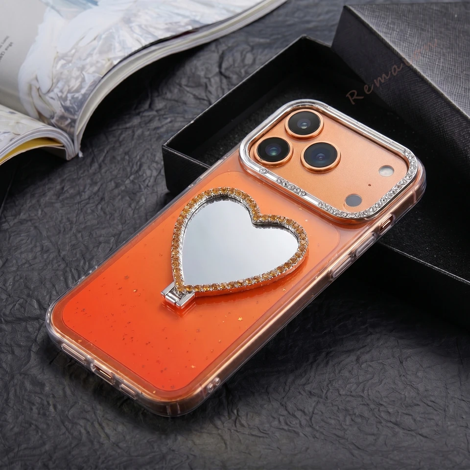 Glitter Heart Mirror Diamond Phone Case For Iphone 15 14 12 13 16 17 Pro Max Official 3D Bling Gradation Protector Cover_voghion.com