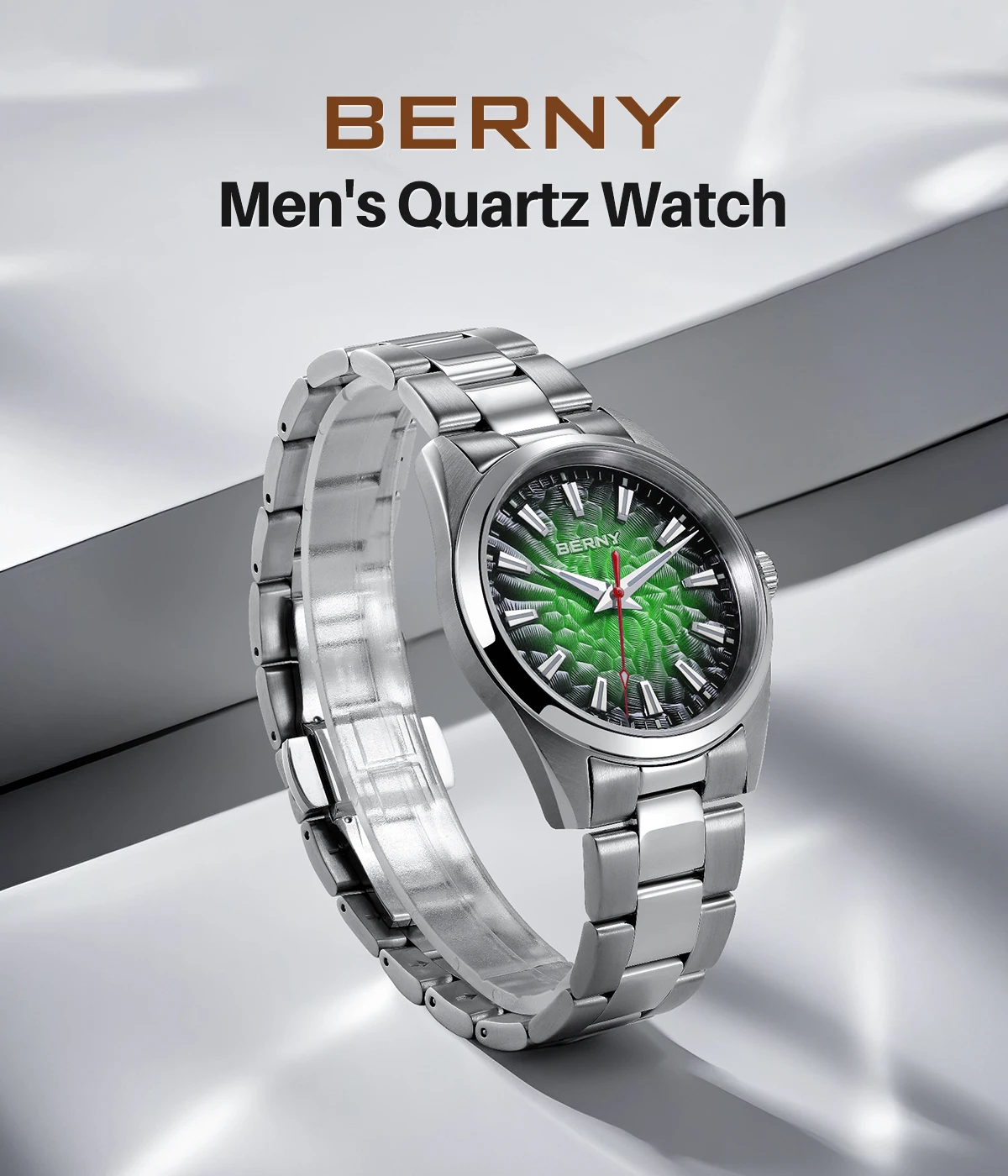 BERNY Uhren für Herren, leuchtende Saphir-Quarz-Herrenuhr, modisch, lässig, 10 ATM, komplett aus Edelstahl, Business-Armbanduhr – Detail 1