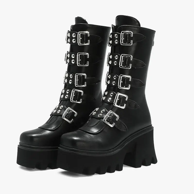 

ZawsThia New Chic Goth Womens Platform Chunky Heels Punk Rock Winter Shoes Buckle Strap Woman Mid-calf Boots With Studded Rivets