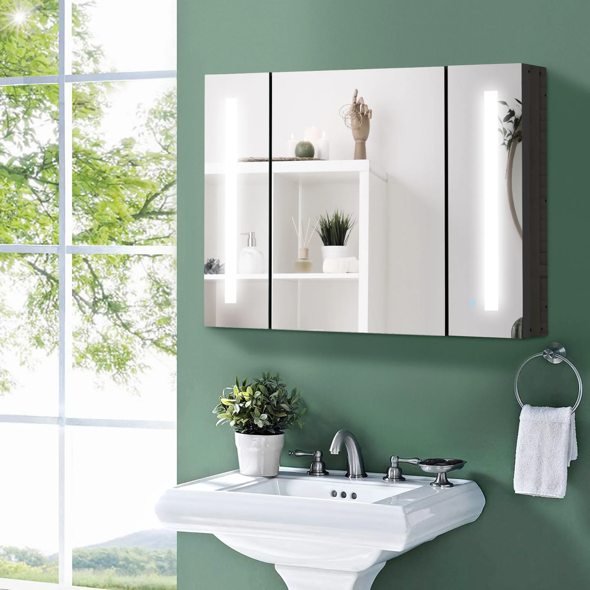 Kleankin Led Lighted Medicine Cabinet with Mirror, 35.5"W X 25.5"H Wall Mounted Bathroom Cabinet, Memory Function, USB Charge 2
