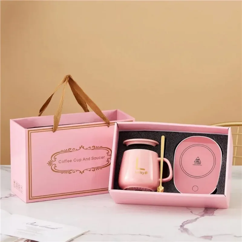 Ceramic Cup 55 Degrees Thermostat Gift Box Set Warm Mugs Spoon Storage Bag Set Folding Spoon Portable Meals