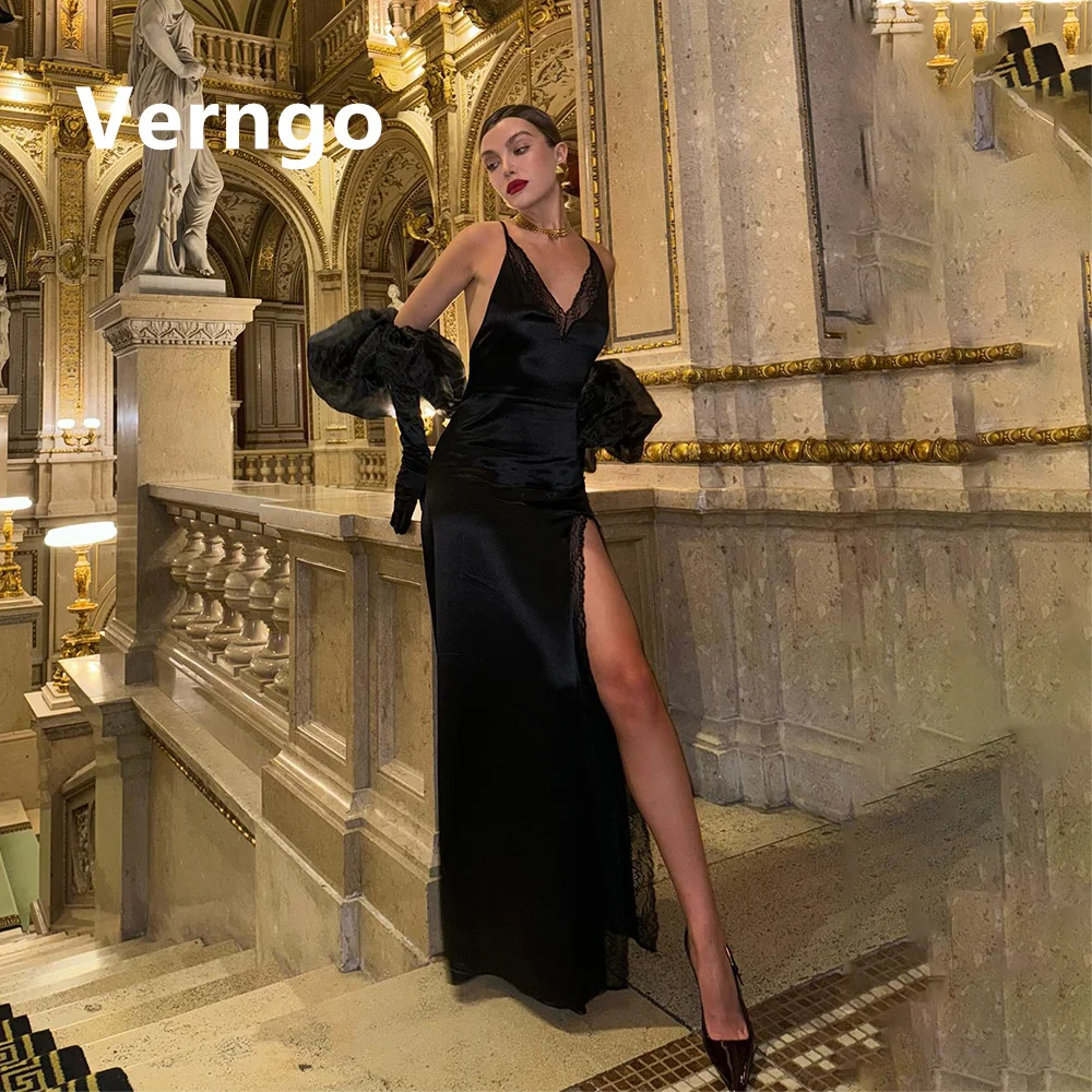 

Verngo Black Stretch Frabic Party Dress For Women Spaghetti Straps A Line Prom Gowns With Gloves French Sexy Slit Formal Dress