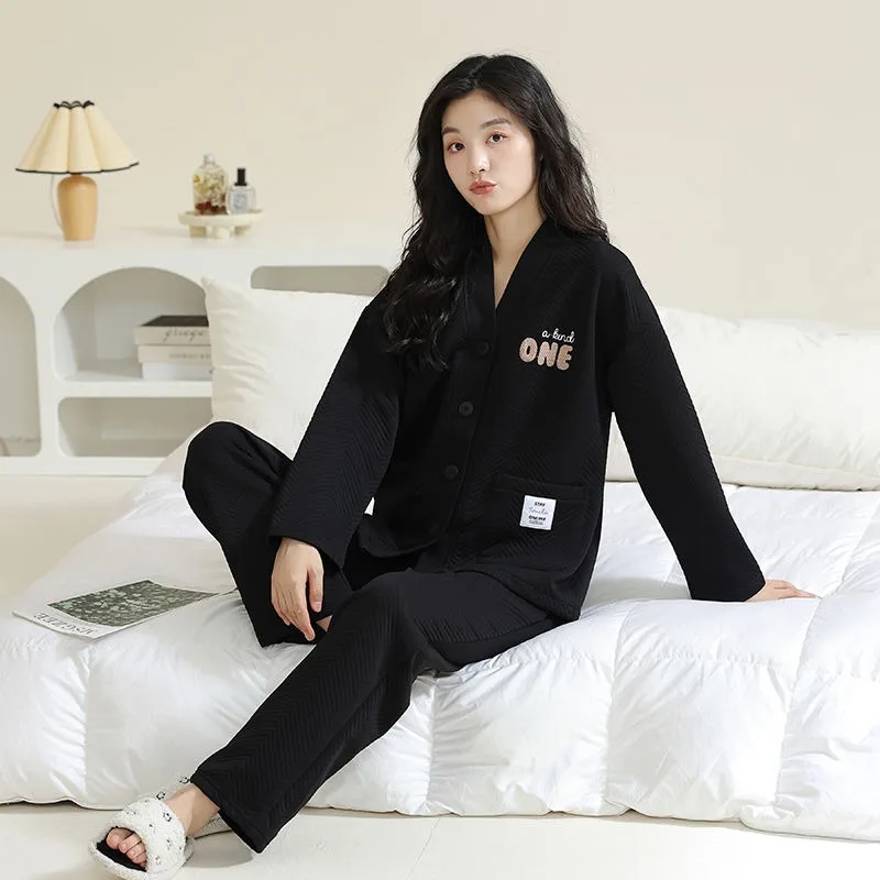 2023 New Autumn Winter Three-layer Sandwich Warm Pajamas Women Thickened Loungewear Pure Cotton Long Sleeved Air Cotton Homewear