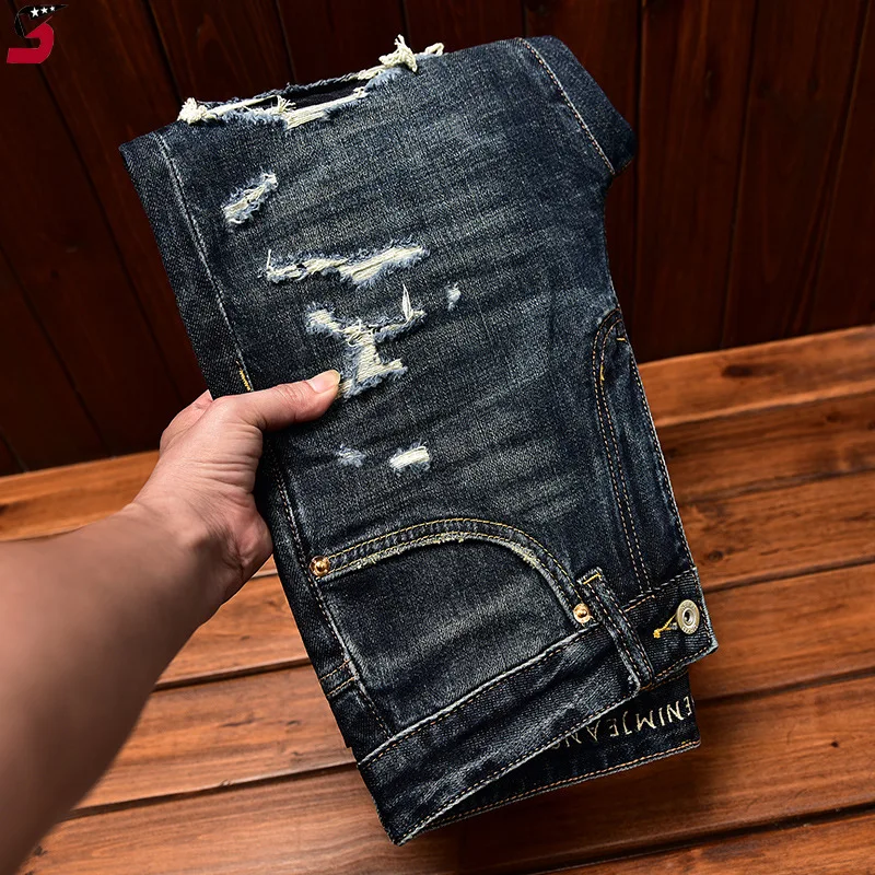 High-End Men's Clothing 2024 Autumn Trendy Jeans Men's Hole & Patch Scrape Slim Fit Skinny Fashion Stretch Trousers 4