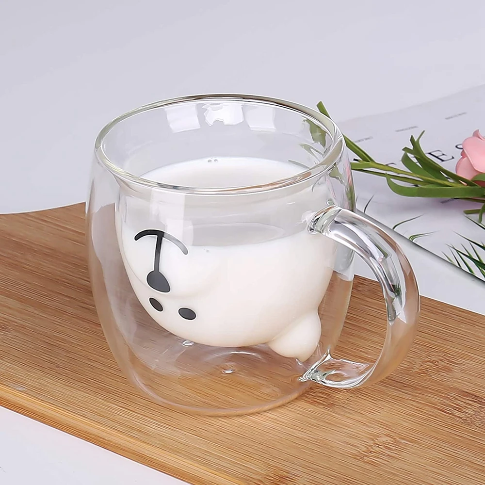Cute Bear Glass Cup Milk Juice Water Coffee Mugs Heat Resistant Clear Double Wall Glass Mug with Handle Coffeeware Lover Gift 1