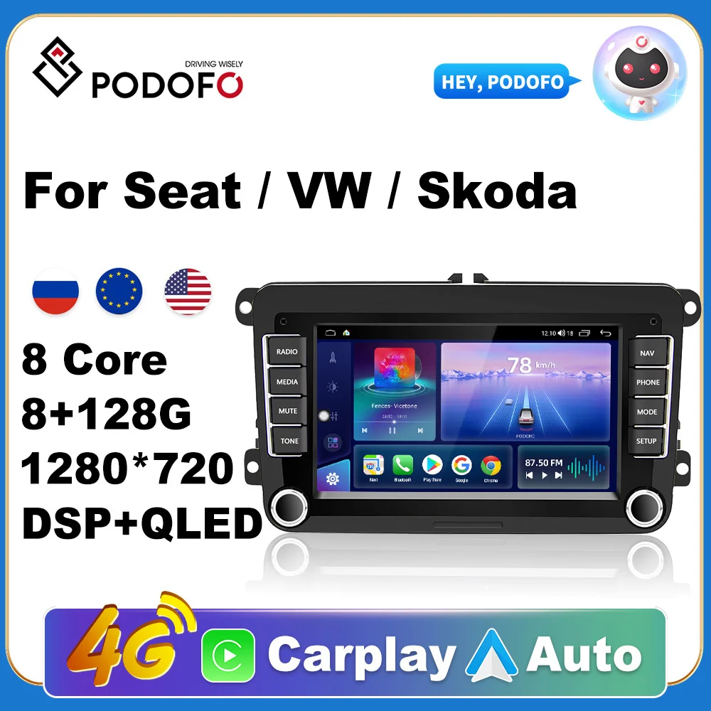 Podofo 2Din GPS Car Radio Android 11 carplay Wifi For VW/Volkswagen/Golf/Passat/SEAT/Skoda/Polo/Octavia Car Multimedia Player