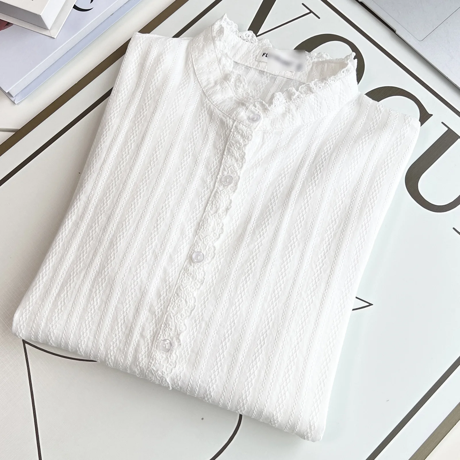 Plus Size Women's Blouses 2025 Autumn New Style Casual Ruffled Collar Vertical Long Sleeved Cotton Shirt 9088