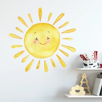 만화 그린 무지개 태양 어린이 침실 현관 집 벽 배경 장식 벽 스티커, 자체 접착 방 장식