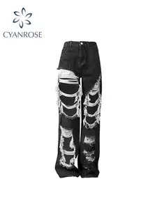 Feminino Jeans Dewadbow Cyber Y2k Calças Goth Outdoa 2021 Padrão Esqueleto  Baixo Ascensão Folgágio Femme Streetwear Mulheres Negra Denim Jean Calças  De $155,3