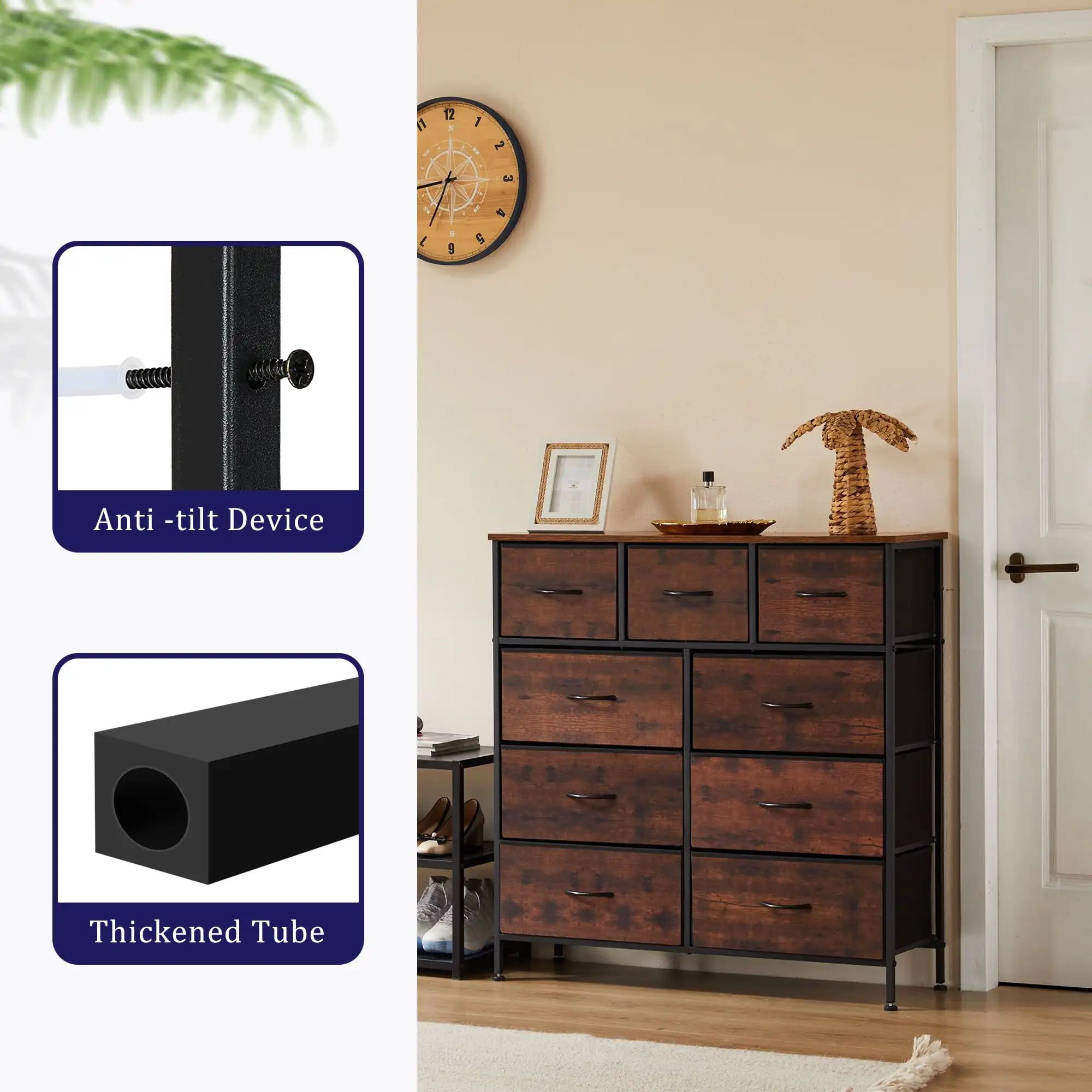 9 Drawer Dresser, Wide Chest Of Drawers Nightstand Storage Tower Storage Dresser Fabric Dresser With Wood Top 6