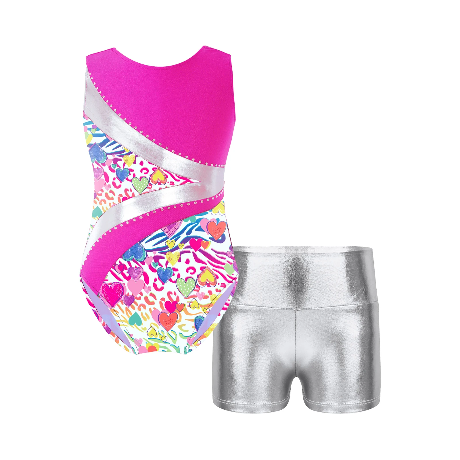 

Kids Girls Gymnatics Ballet Leotards Dance Costume Printed Shiny Rhinestones Leotard with Metallic High Waist Shorts Dancewear