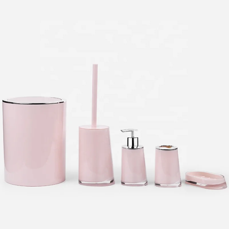 

Home Hotel Acrylic Bathroom Set 5 PCS Toilet Brush Soap Dispenser Bathroom Accessories Set With Trash Can