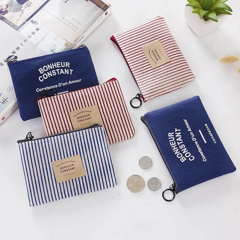 Women Coin Purse for Girls Small Stripe Canvas Zipper Coin Pouch Girl Kawaii Small Bags Cute Earphone Key Holder Bag Wallet
