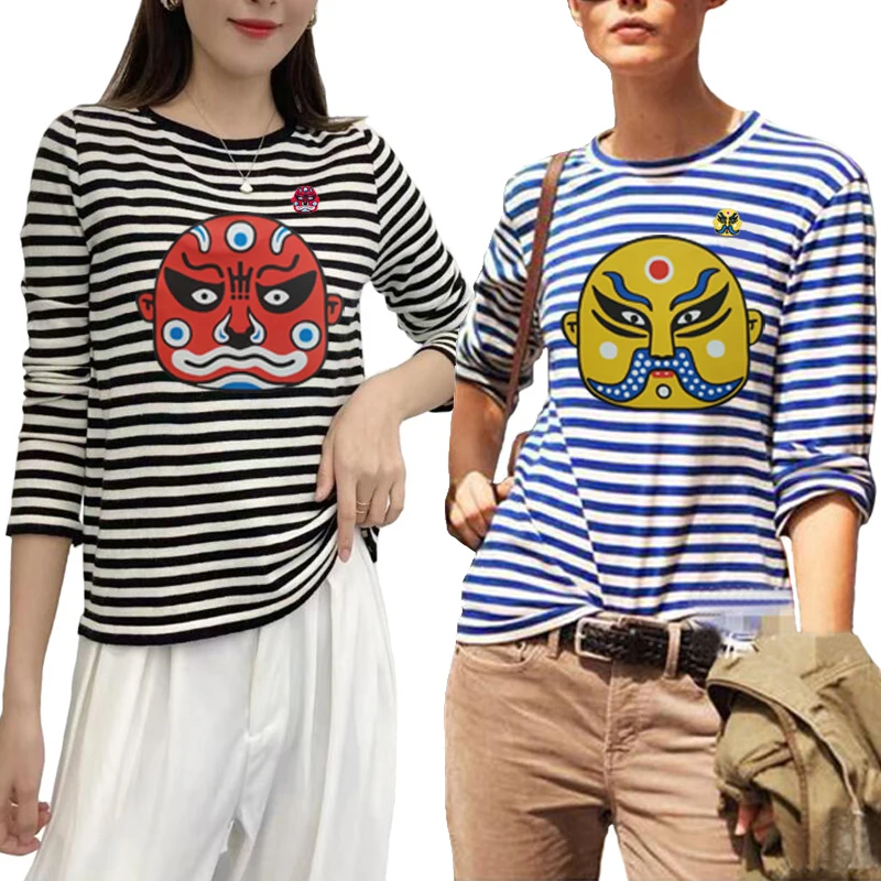 

Женская хлопковая футболка в полоску, прямая Повседневная футболка с длинным рукавом и круглым вырезом, с вышивкой Пекинского опера, весна-осень