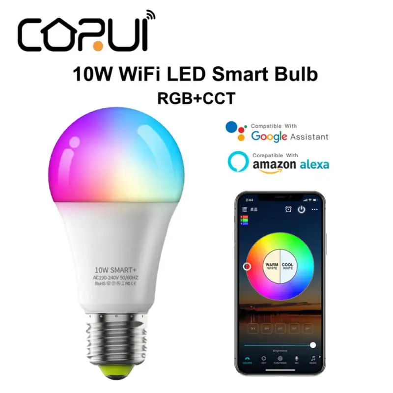 

CORUI WiFi Bluetooth Smart Bulb 10W RGB Dimmable Timer Function Light Magic Home Remote Control Work With Alexa Google Home