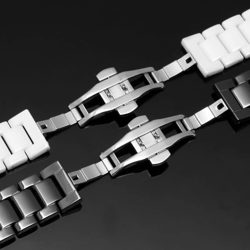 Elegant Stainless Steel & Ceramic Butterfly Clasp Watchband with Curved Interface