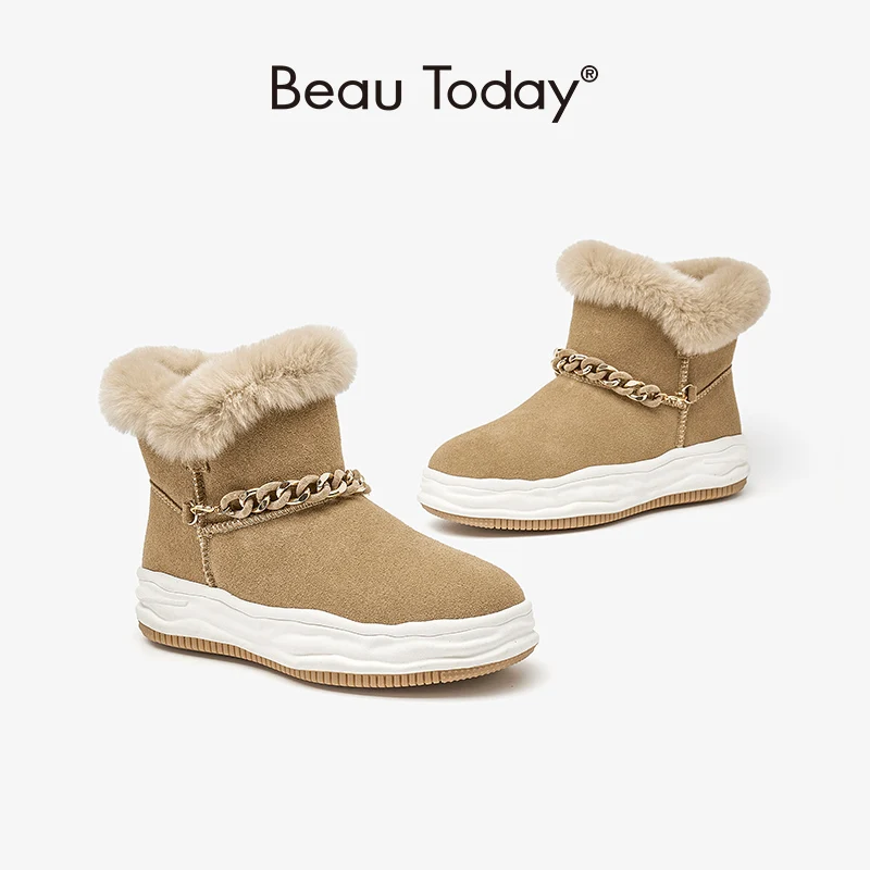 BeauToday Snow Boots Women Cow Suede Leather Ankle Boots Round Toe Chain Decoration Ladies Winter Warm Shoes Handmade 08035