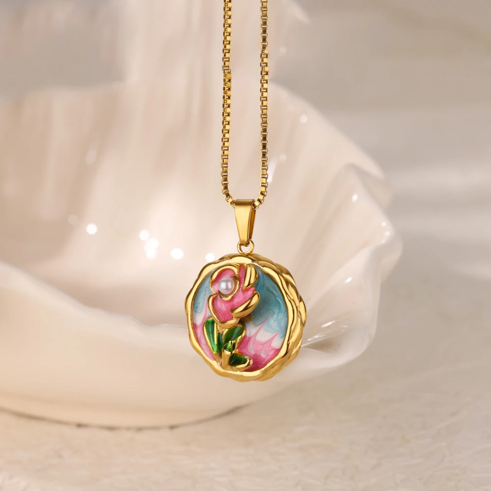 Imitation Pearl Necklaces Oil Dripping For Women Gold Stainless Steel Jewelry