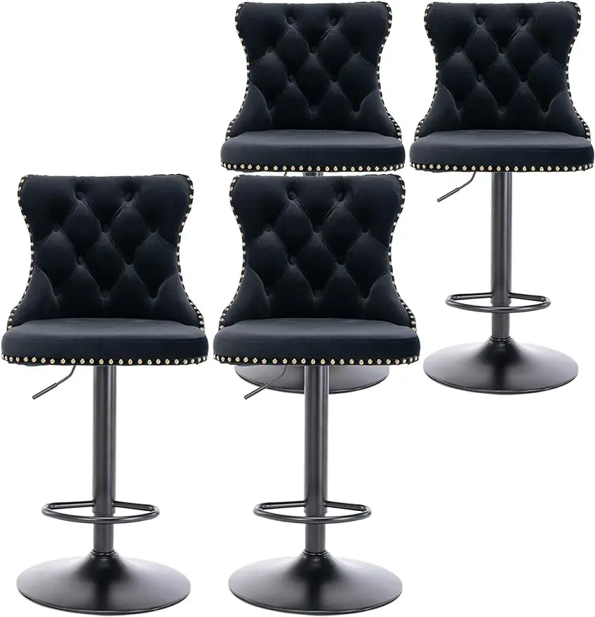 

Bar Stool Set of 4,Velvet Counter Height Barstools Adjustable Seat,Button Tufted Swivel Bar Chairs Black Base