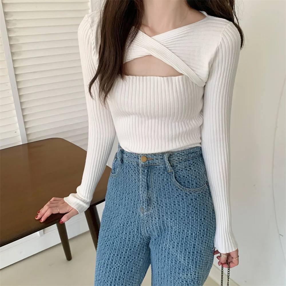 HELIAR Women Slim Sweater Chic Design Sexy Pullover Women Long-sleeved Knitted Street Jumpers Solid Basic Sweater 2022 Autumn