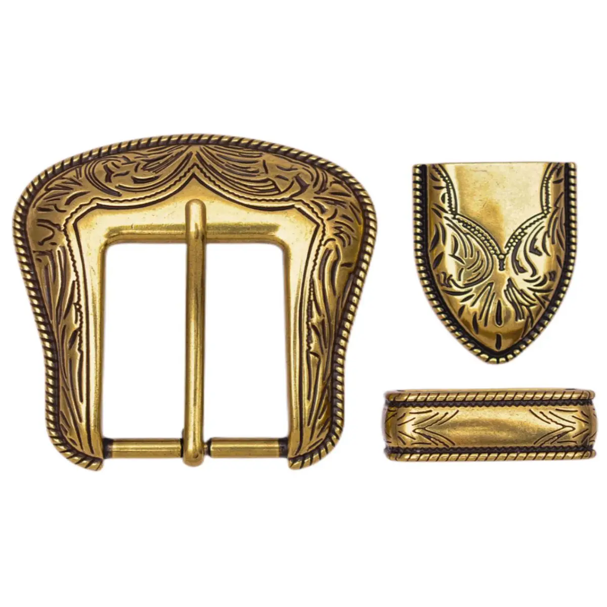 Western Cowboy Rodeo plaqué laiton antique, ceinture en cuir de remplacement sculptée à fleurs, ceinture en cuir, sangle de 35mm, ensemble de 3 pièces