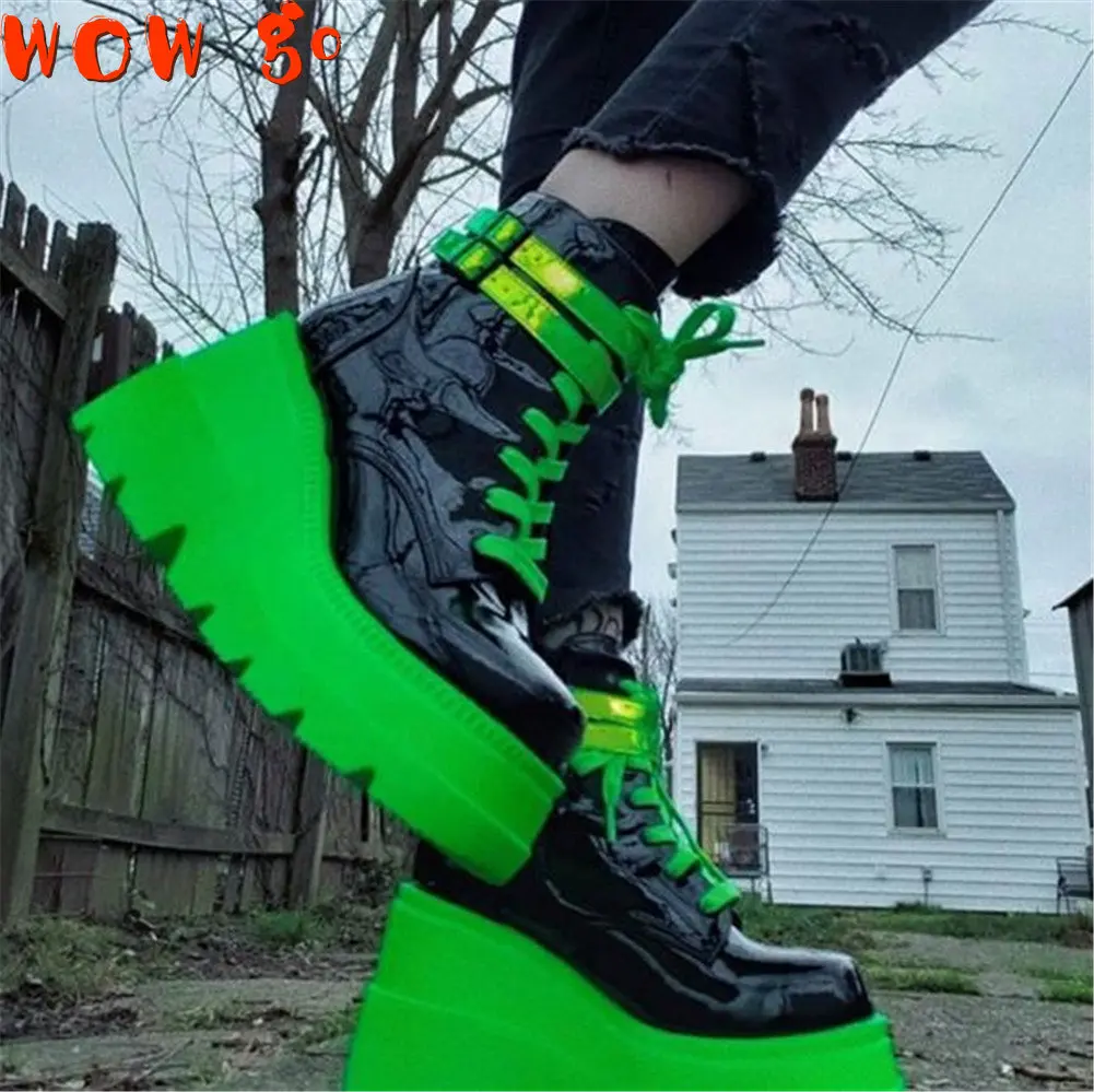 

Brand New Big Sizes 43 Gothic Green Platform High Heels Cosplay Fashion Winter Wedges Boots Halloween Shoes Ankle Booties Women