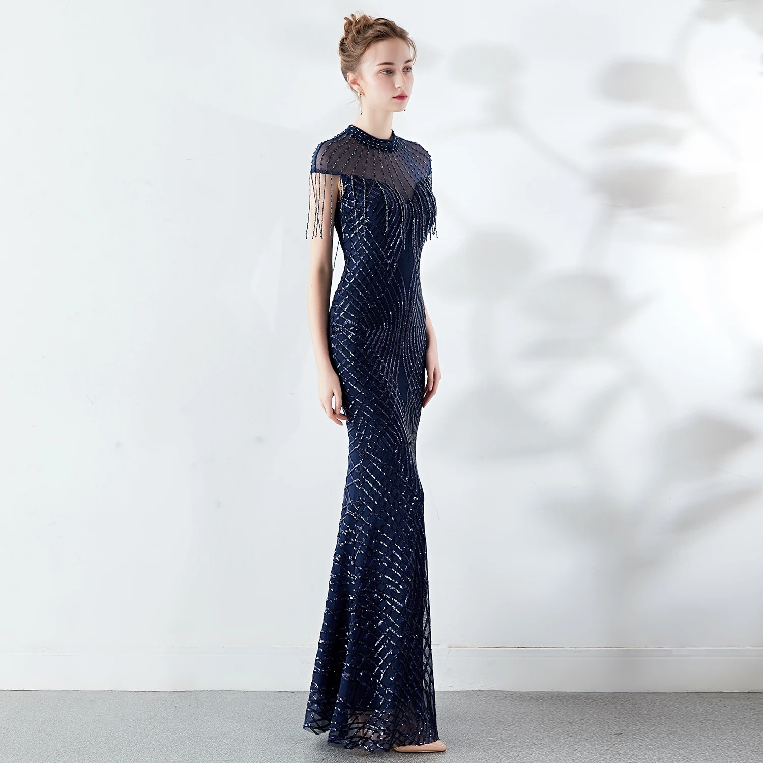 Women Crewneck Beaded Cap Sleeve Slim Fit Solid Mermaid Maxi Dress Formal Party Dress Evening Gown