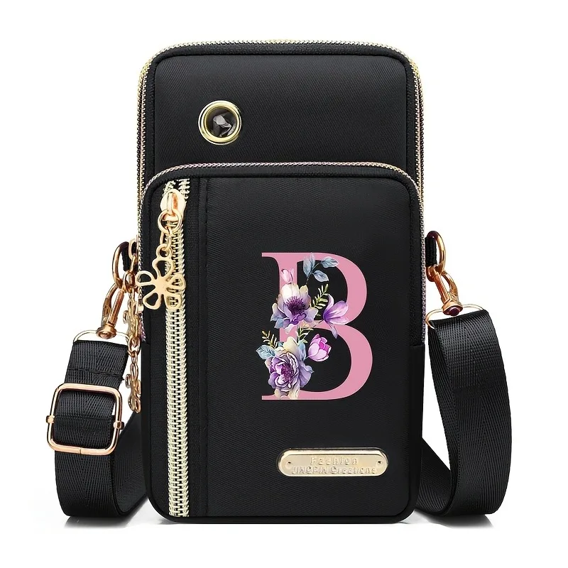 Floral Print Mobile Wallet with Zippered Card Organizer and Adjustable Strap