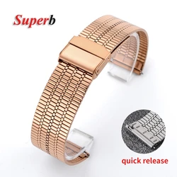 Slim Stainless Steel Watch Band with Quick Release and Double Safety Buckle - 22mm (Rose Gold)
