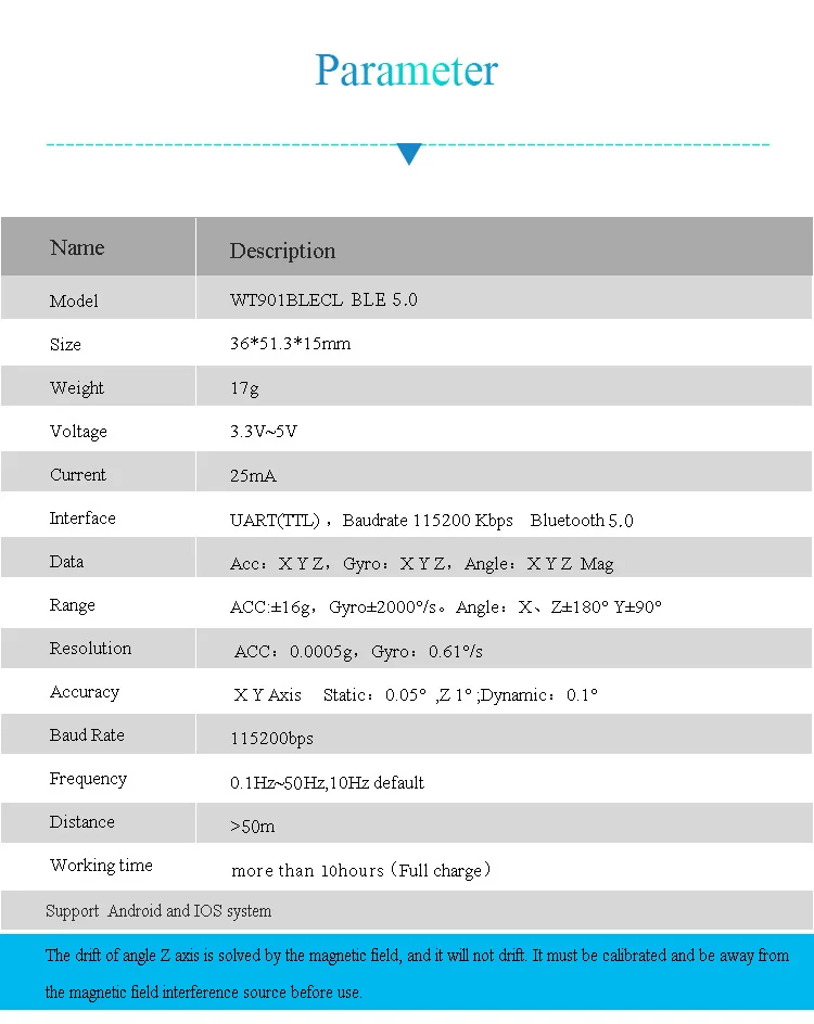 WitMotion Bluetooth BLE 5.0 Low-consumption 50m WT901BLECL 9 Axis Sensor Angle + Acceleration Gyro + Magnetometer For PC/Android