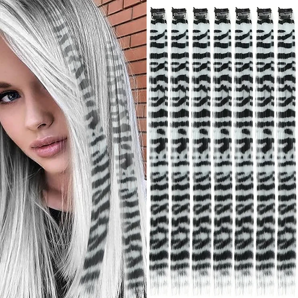 18' 7-teilige Regenbogenfarbene Lange Gerade Zebra-Print Synthetische Feder Clip-in Haarverlängerungen für Frauen, Ideal für Halloween und Weihnachten – Detail 13