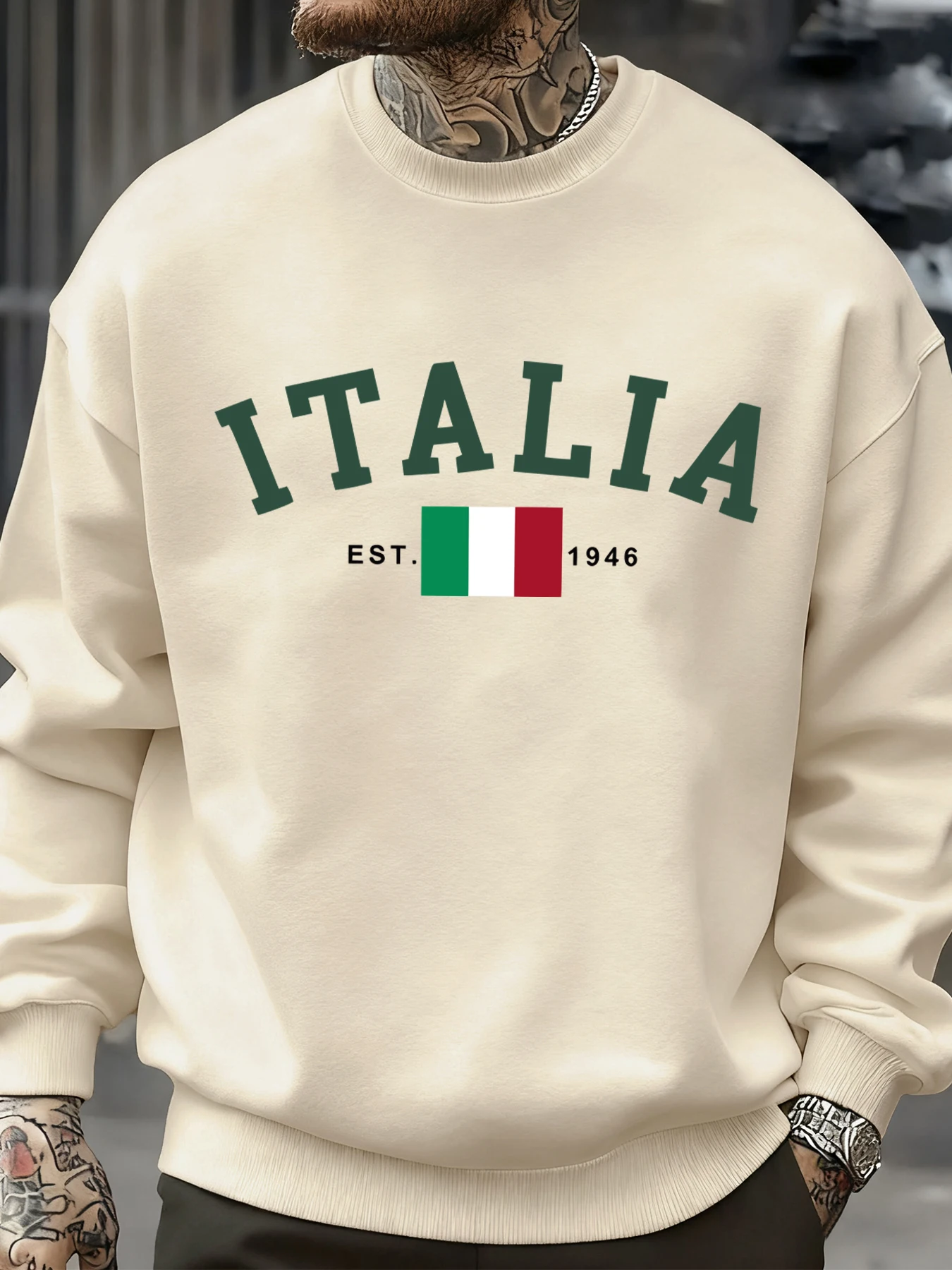 Italian Flag Print Men Sweatshirt Fleece Pullover Crewneck Oversize Sportswear Autumn Fashion Clothing