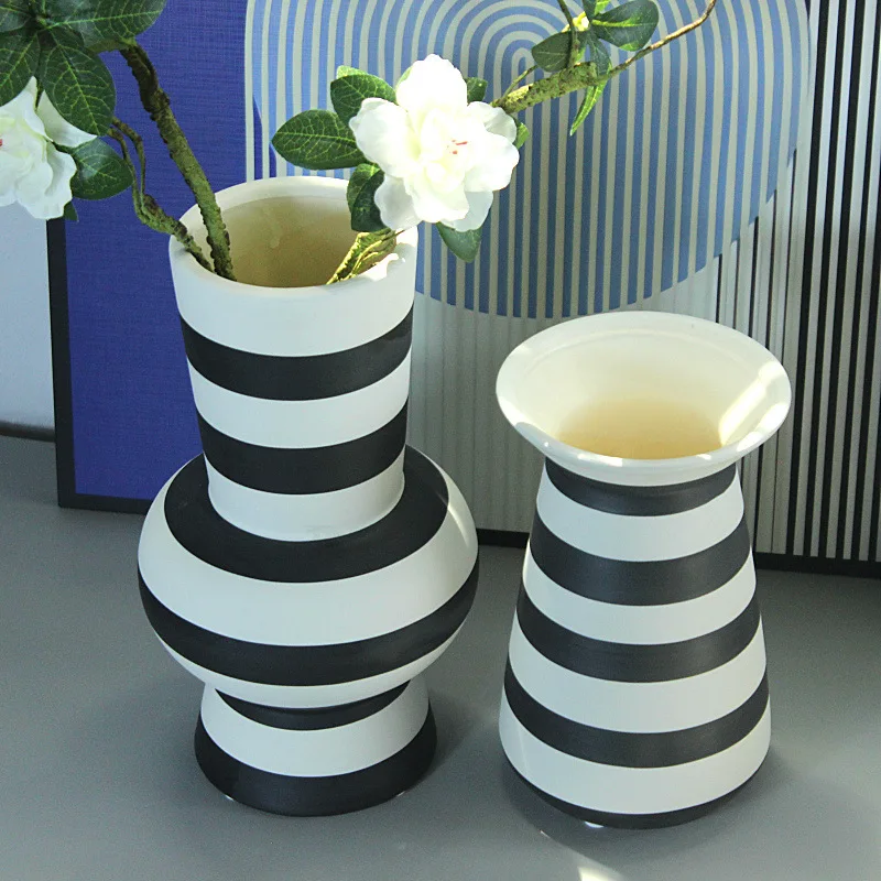 Ceramic Striped Vase Geometric Black and White Stripes Hydroponic Flower Arrangement Home Decoration Ceramic Handicraft 2