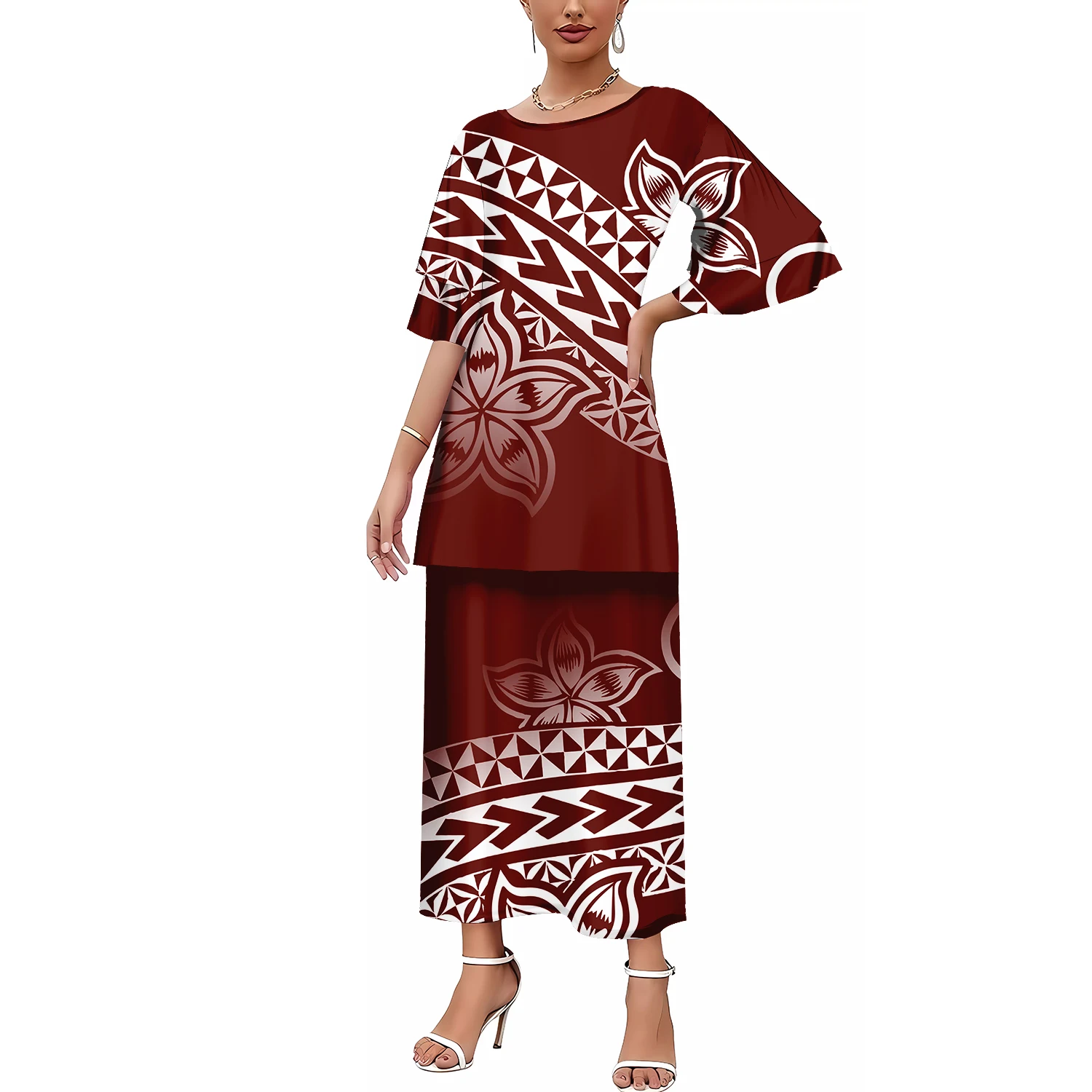 

Factory Outlet Customized On Demand Polynesian Hawaii Tribal High Quality Formal Occasions Puletasi Two Piece Drop Shipping