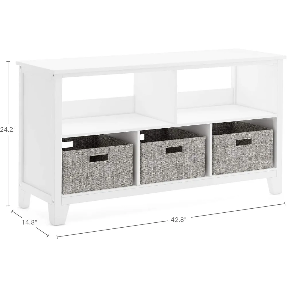 Kids' Low Bookcase -  White: 24 Inch Wooden Storage Organizer Cubby with Fabric Bins for Playroom and Bedroom 2