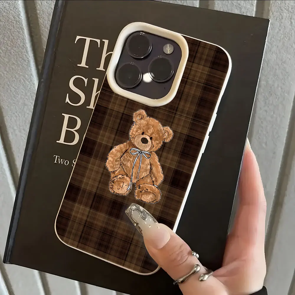 Retro Plaid Cute Bear Pattern Lychee Soft Phone Case Cover