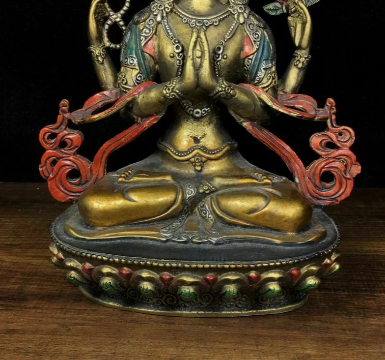 Tibet Buddhism Bronze Brass Louts 4 arms Chenrezig Buddha Statue Sculpture Q 5