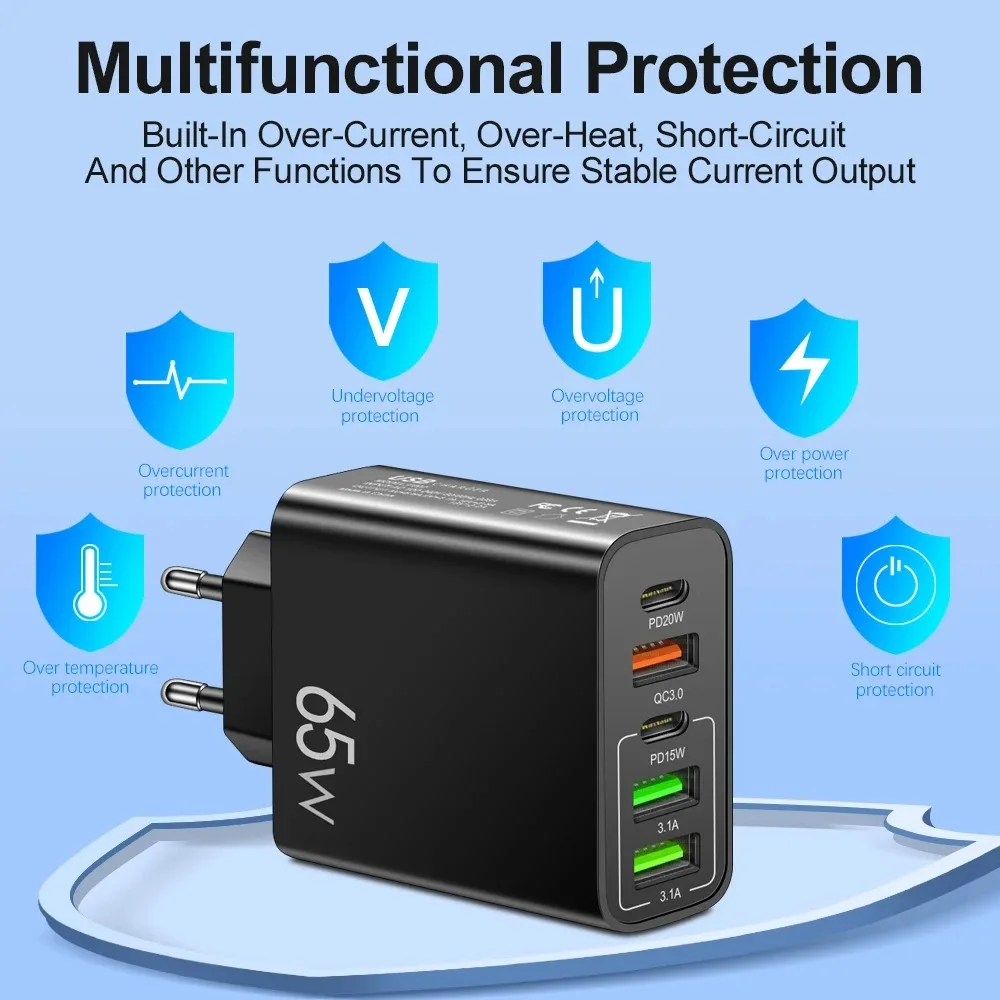 Multi Port USB Charger PD 65W Fast Charging Charger Power Adapter EU/US/UK Plug